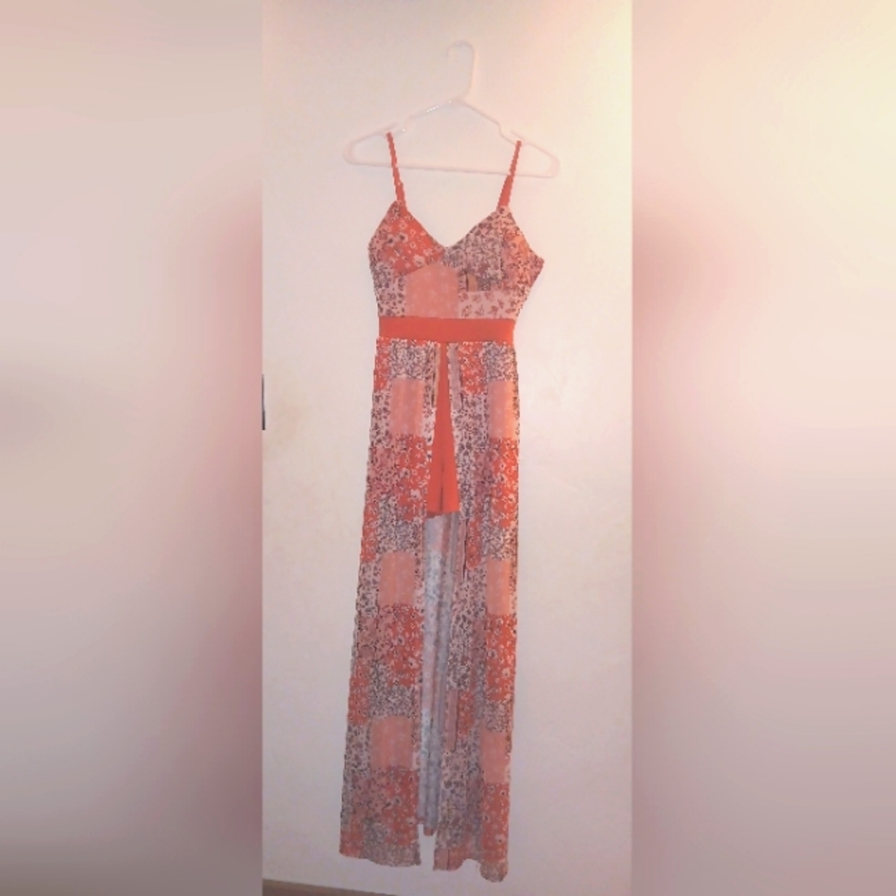No Boundaries Floral Patchwork Maxi Dress - Orange and White
